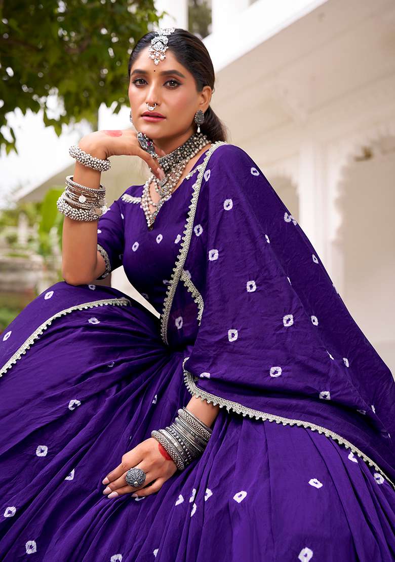 Purple Embroidered Chanderi Lehenga Set for Diwali and Festive Wear - Indya