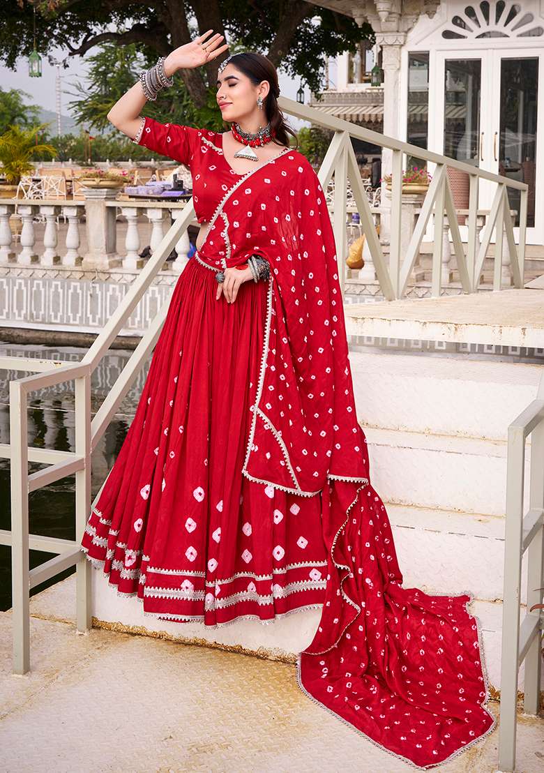 Red Chanderi Lehenga Set with Embroidered for Diwali | Wedding & Festive Wear - Indya