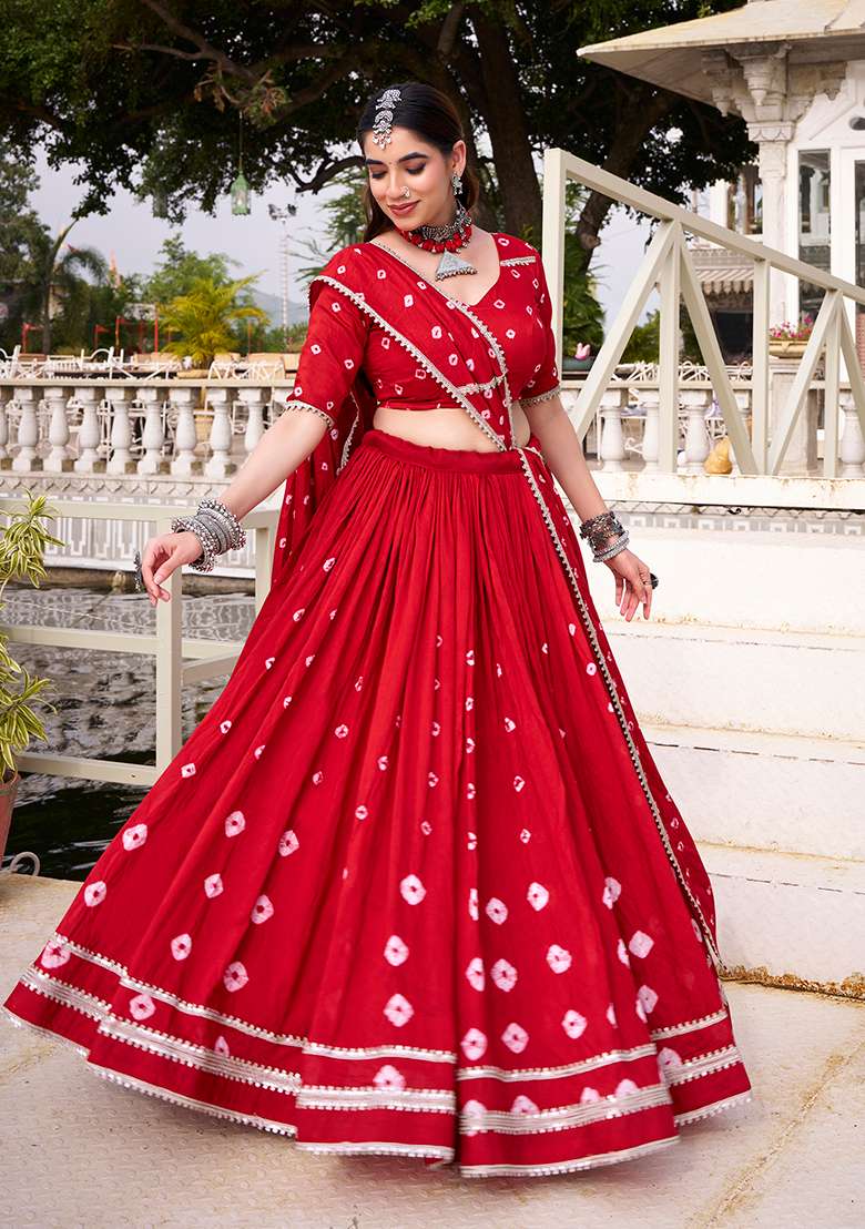 Red Chanderi Lehenga Set with Embroidered for Diwali | Wedding & Festive Wear - Indya