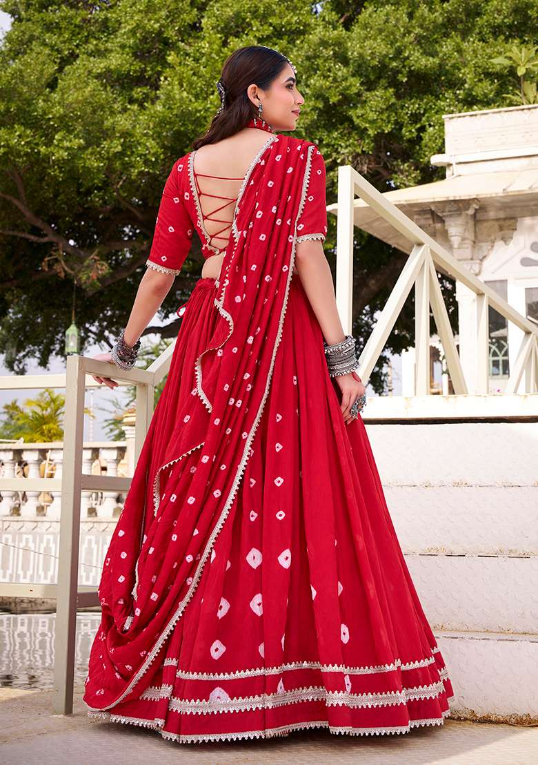 Red Chanderi Lehenga Set with Embroidered for Diwali | Wedding & Festive Wear - Indya
