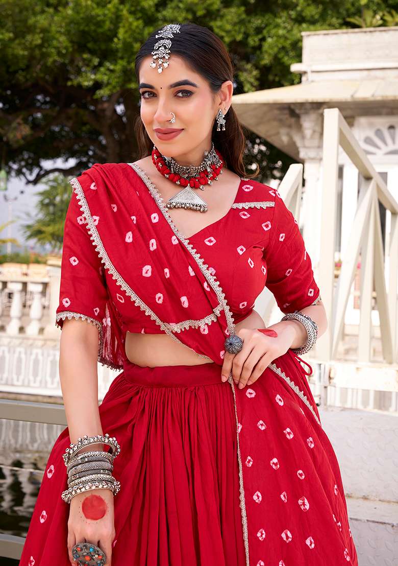 Red Chanderi Lehenga Set with Embroidered for Diwali | Wedding & Festive Wear - Indya
