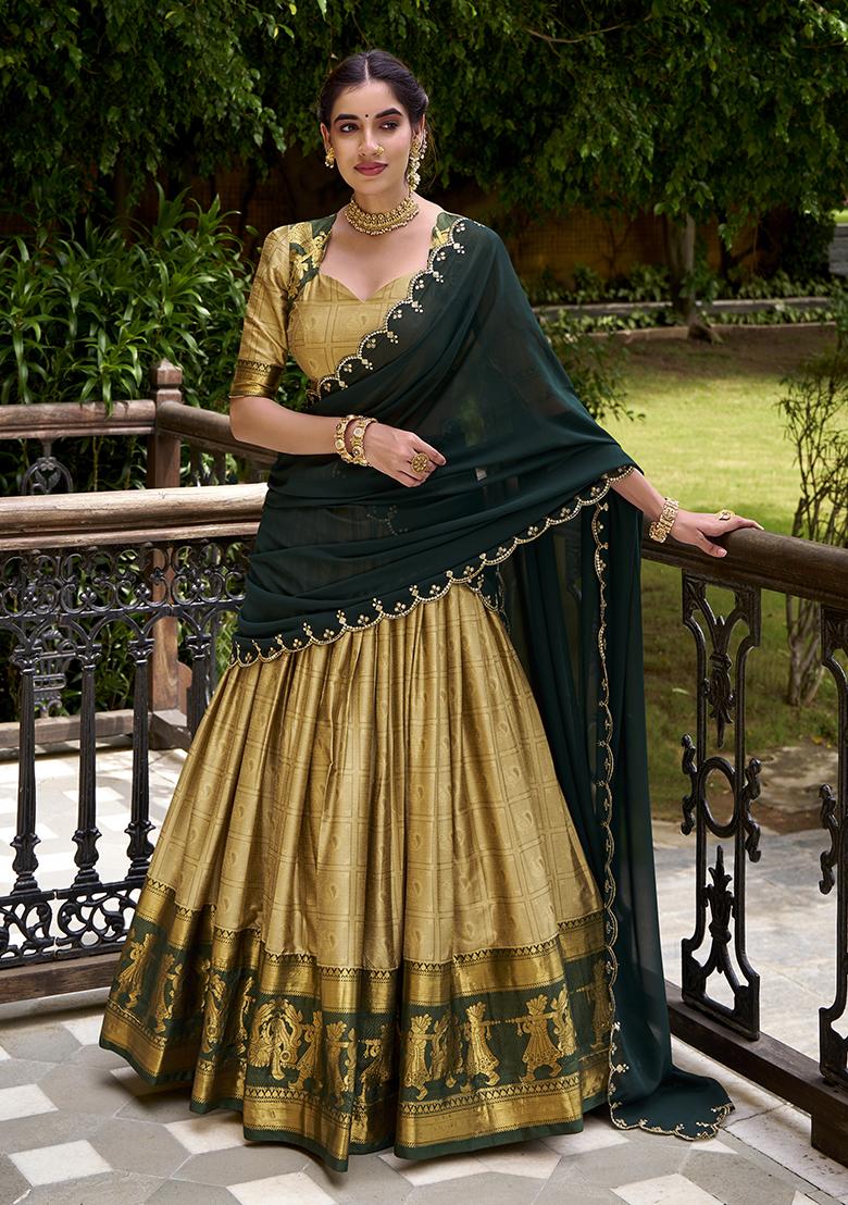 Cream Embroidered Cotton Lehenga Set - Indya