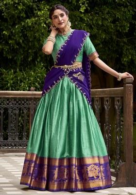 Green Embroidered Cotton Lehenga Set