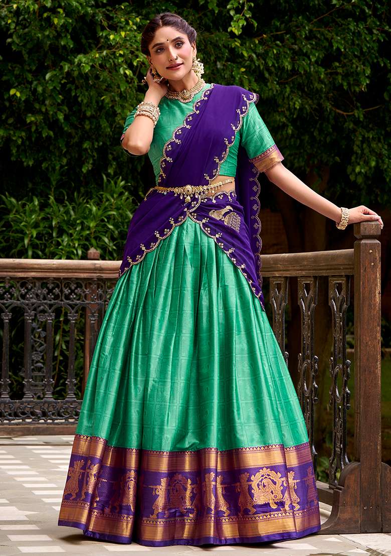 Green Embroidered Cotton Lehenga Set - Indya