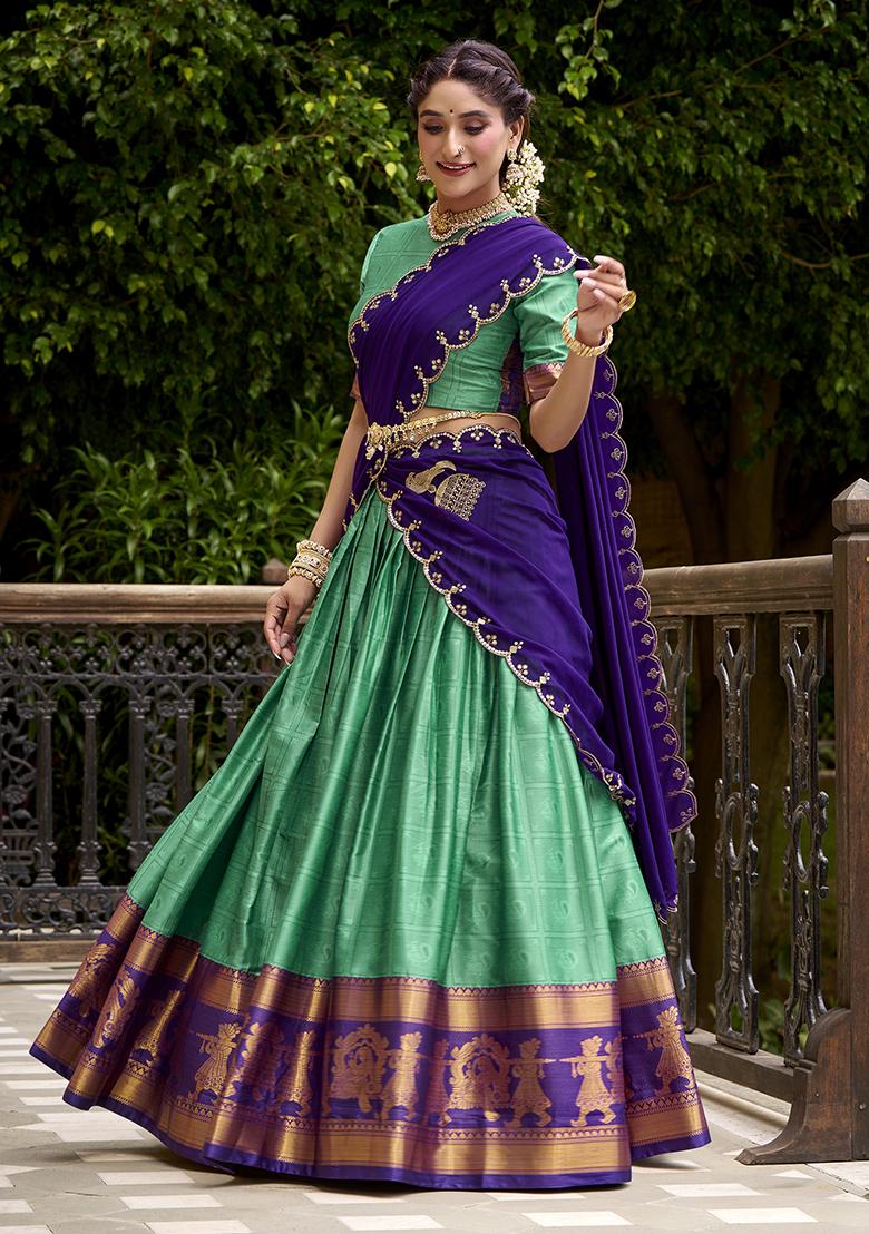 Green Embroidered Cotton Lehenga Set - Indya