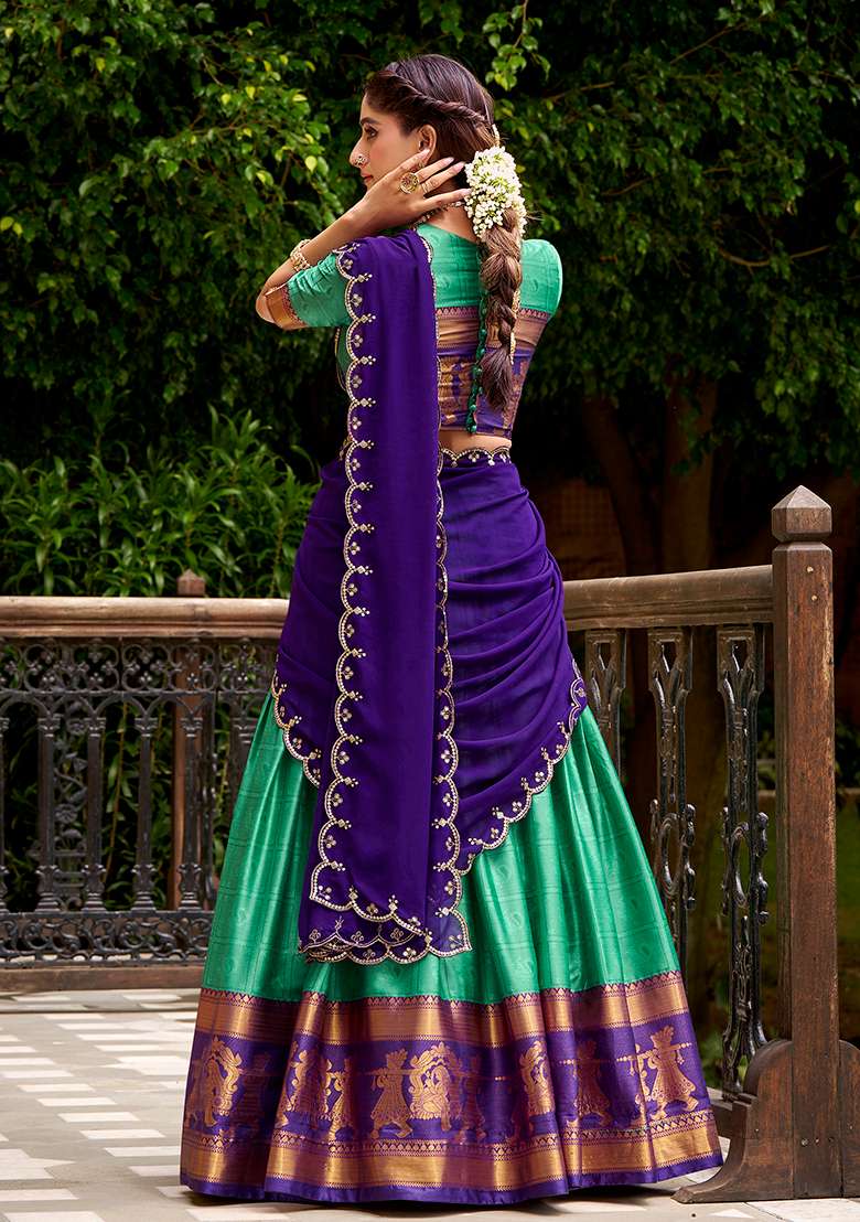 Green Embroidered Cotton Lehenga Set - Indya