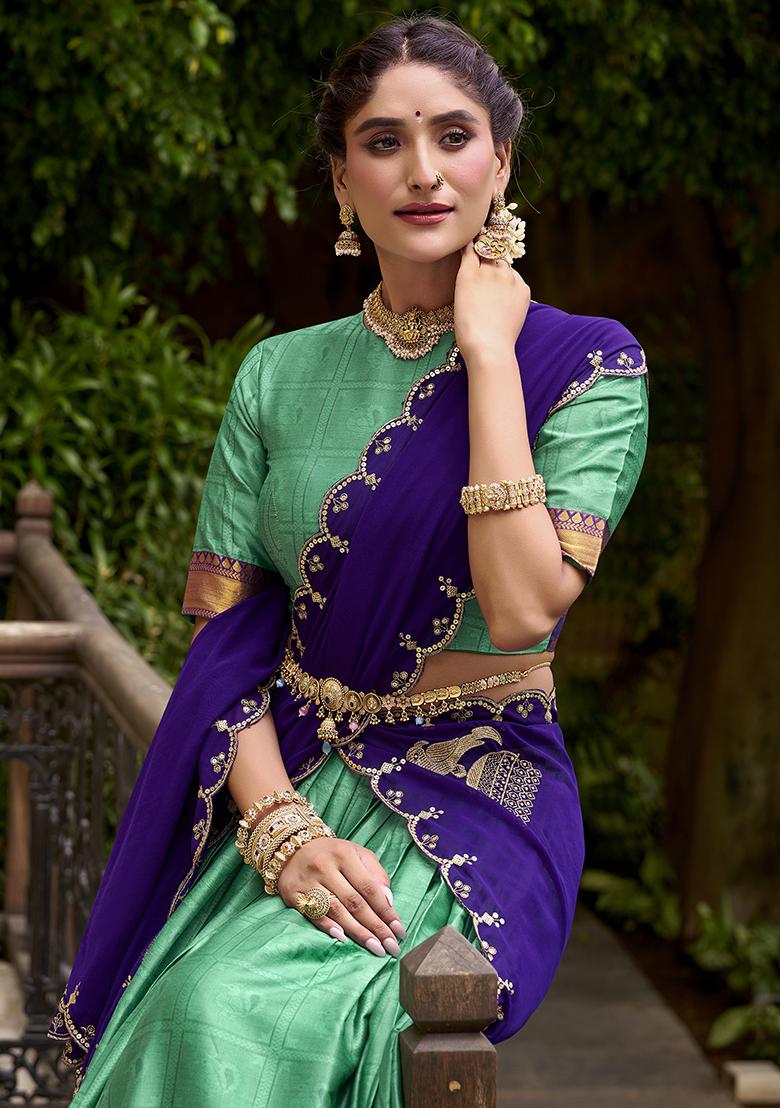 Green Embroidered Cotton Lehenga Set - Indya