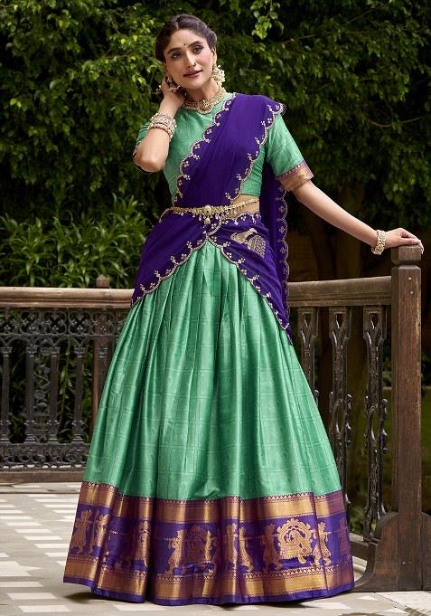 Green Embroidered Cotton Lehenga Set