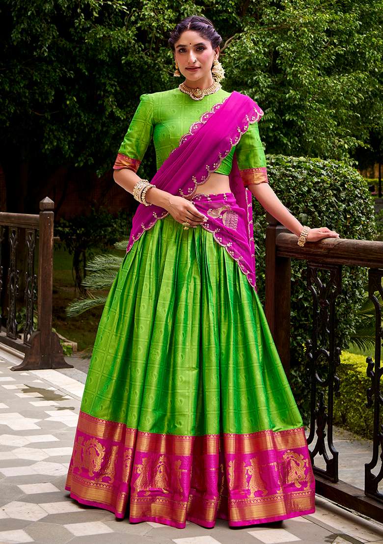 Parrot Cotton Lehenga Set with Embroidered for Diwali | Wedding & Festive Wear - Indya