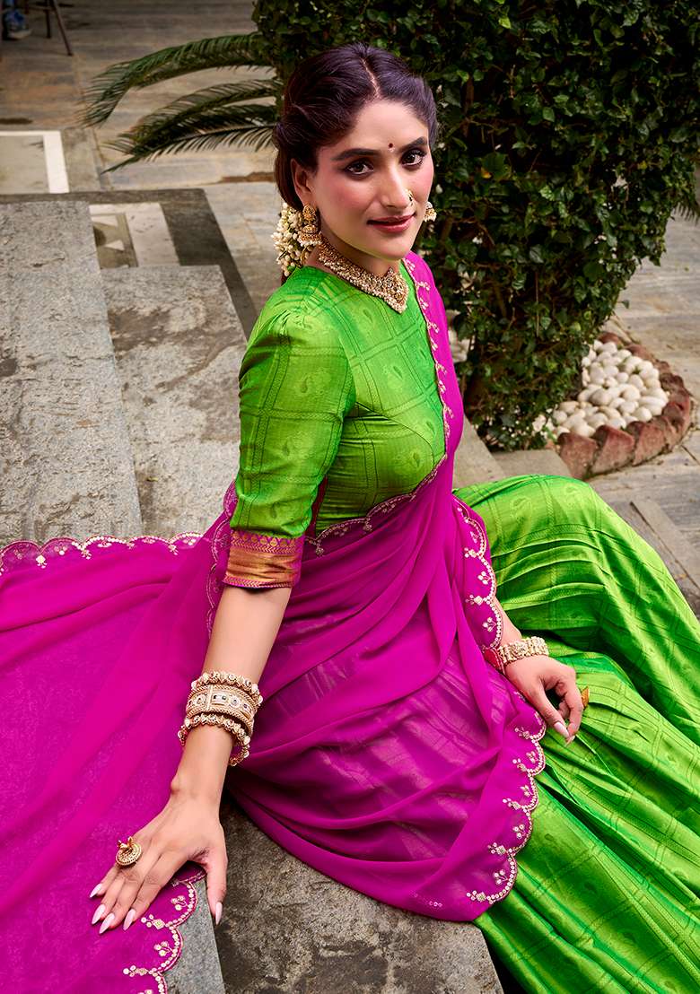 Parrot Cotton Lehenga Set with Embroidered for Diwali | Wedding & Festive Wear - Indya