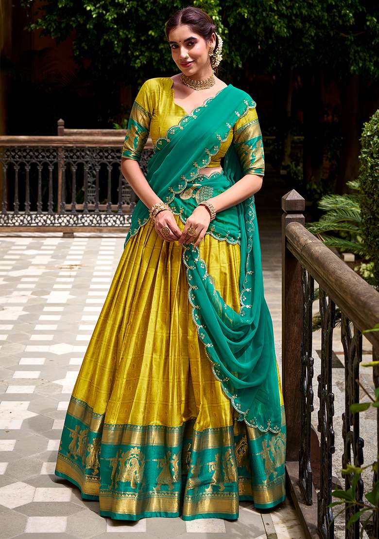 Yellow Cotton Lehenga Set with Embroidered for Diwali | Wedding & Festive Wear - Indya