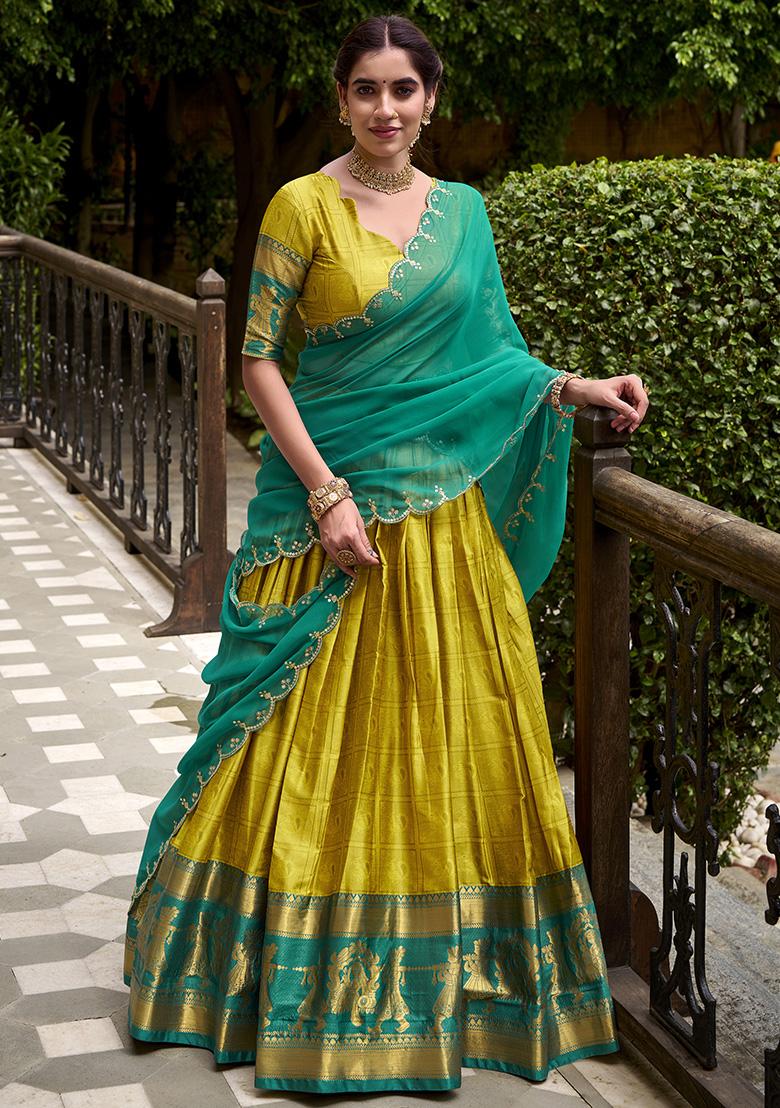 Yellow Embroidered Cotton Lehenga Set - Indya