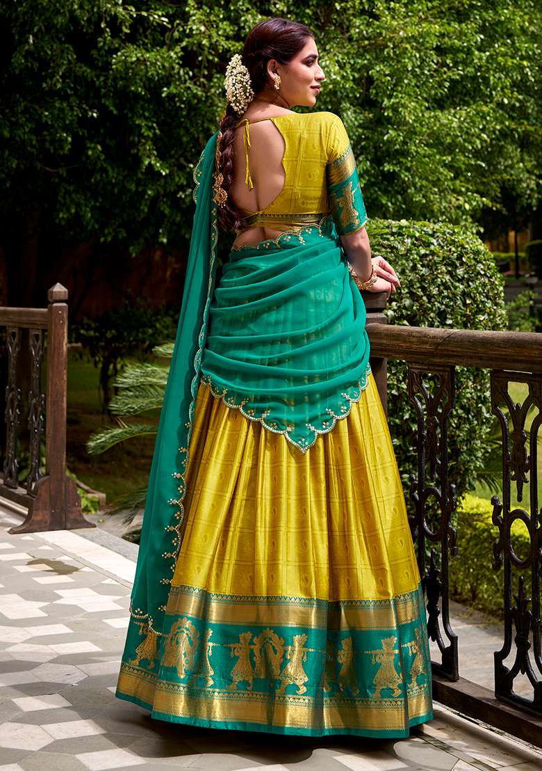 Yellow Cotton Lehenga Set with Embroidered for Diwali | Wedding & Festive Wear - Indya
