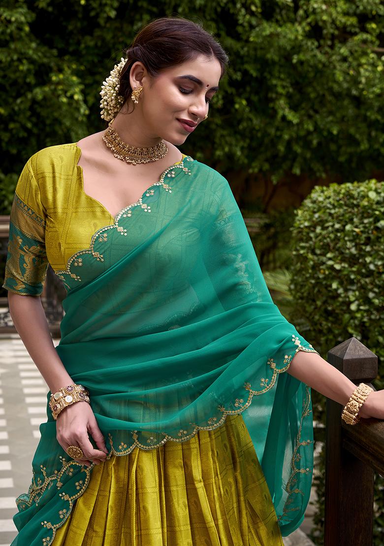 Yellow Embroidered Cotton Lehenga Set - Indya