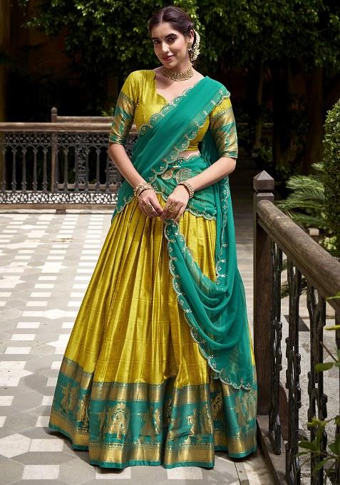 Yellow Embroidered Cotton Lehenga Set