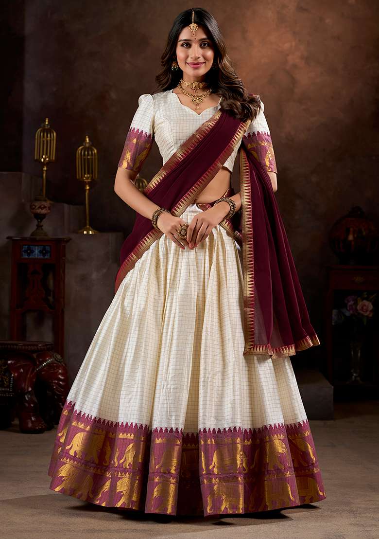 White Cotton Lehenga Set with Embroidered for Diwali | Wedding & Festive Wear - Indya