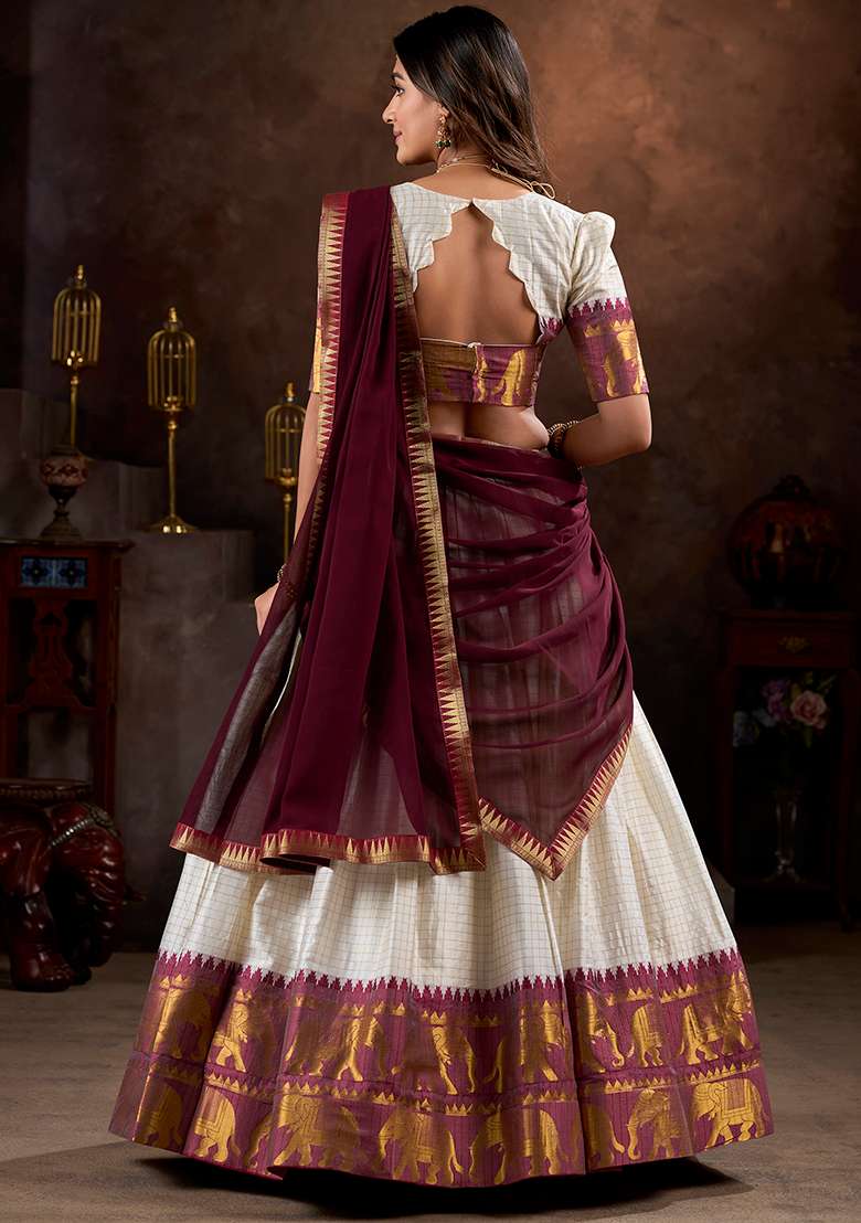 White Cotton Lehenga Set with Embroidered for Diwali | Wedding & Festive Wear - Indya