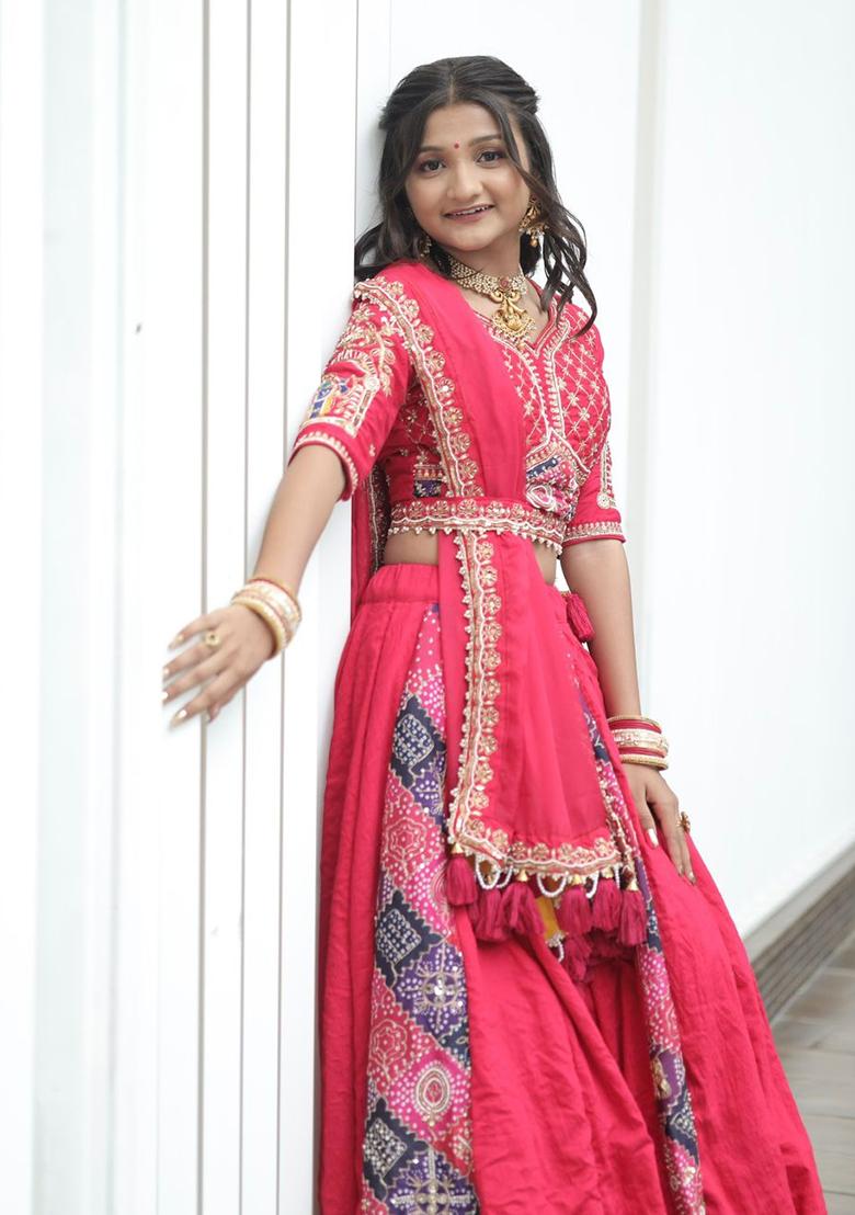 Cherry Red Embroidered Silk Lehenga Set - Indya