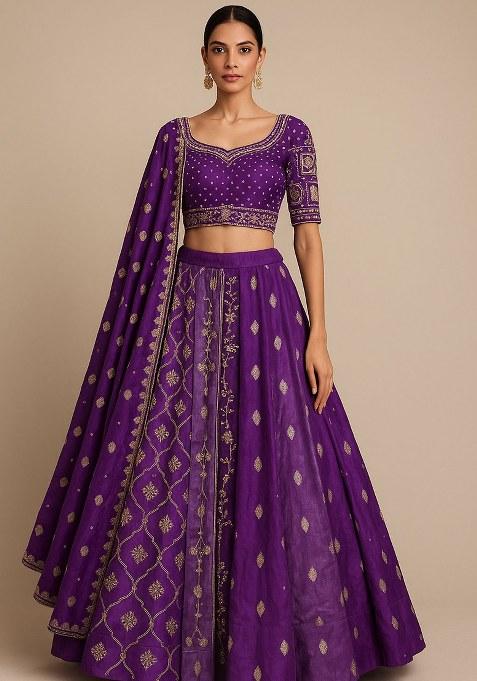 Purple Embroidered Silk Lehenga Set — view on Indya