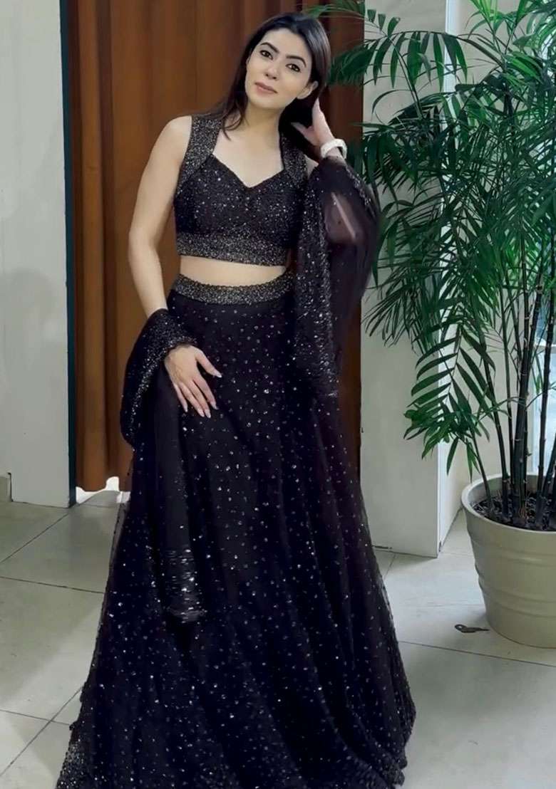 Black Net Lehenga Set with Embroidered for Diwali | Wedding & Festive Wear - Indya