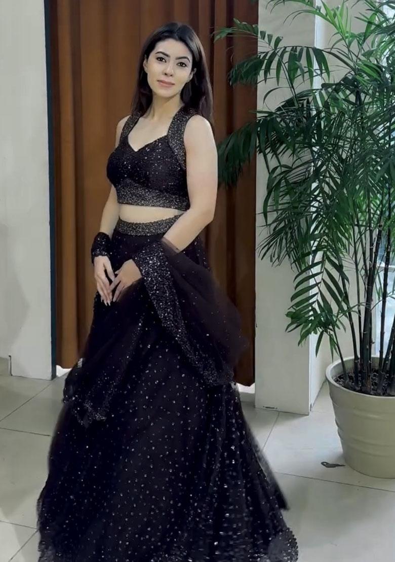 Black Embroidered Net Lehenga Set - Indya