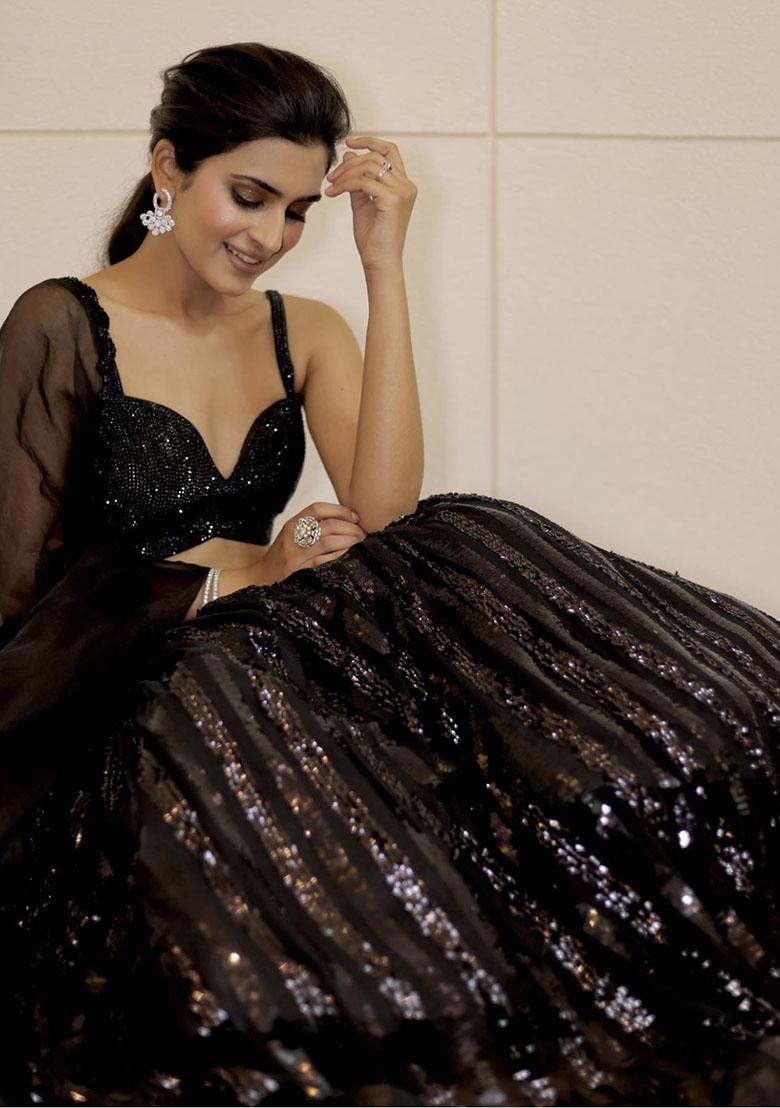 Black Embroidered Georgette Lehenga Set - Indya