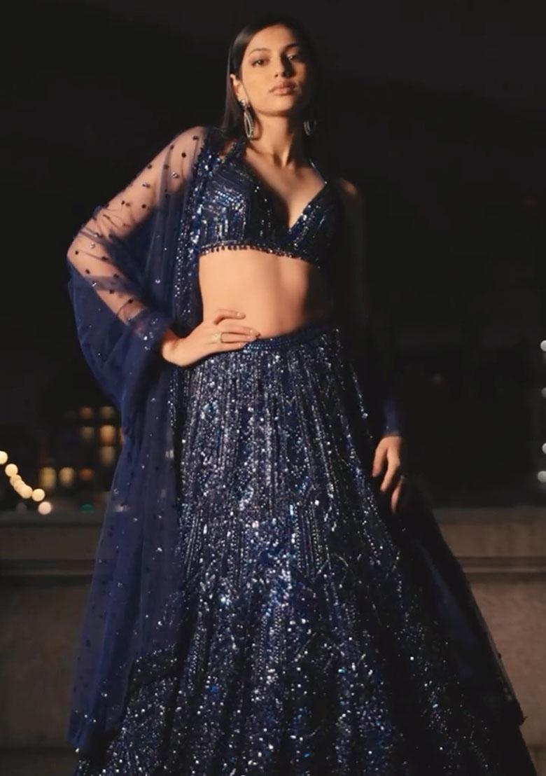 Blue Embroidered Net Lehenga Set - Indya