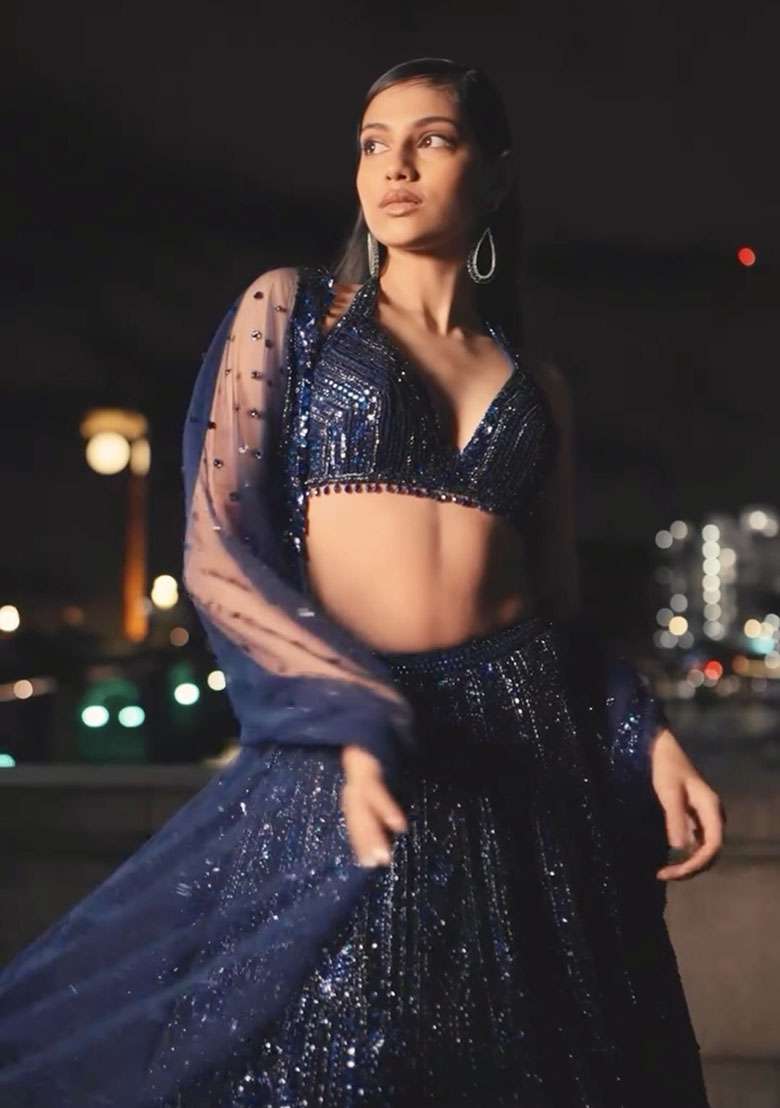Blue Embroidered Net Lehenga Set for Diwali and Festive Wear - Indya