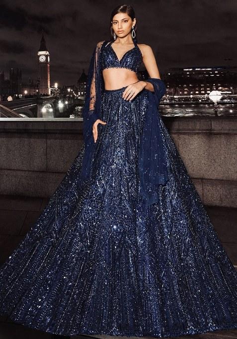 Blue Embroidered Net Lehenga Set
