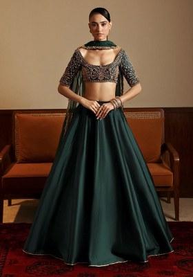 Green Embroidered Satin Lehenga Set