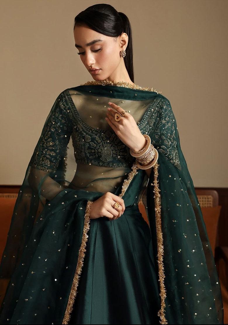 Green Embroidered Satin Lehenga Set - Indya