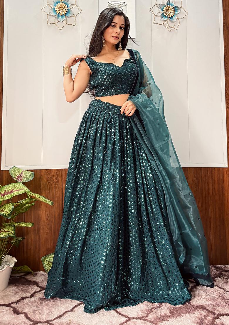 Green Embroidered Georgette Lehenga Set - Indya