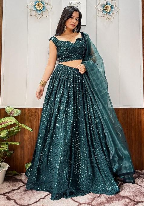 Green Embroidered Georgette Lehenga Set