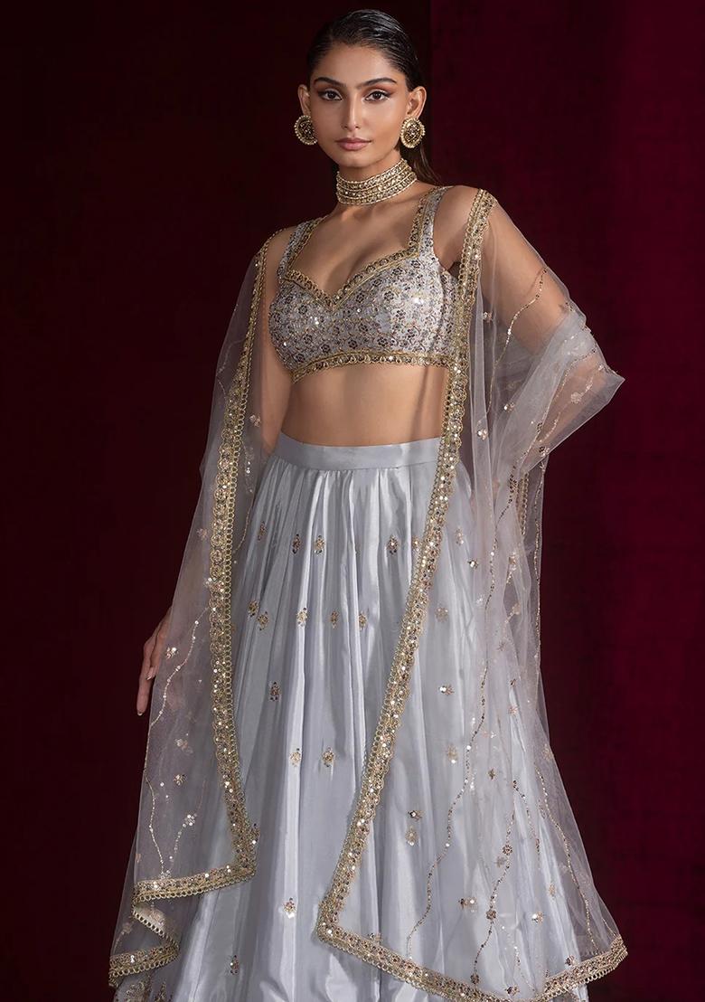 Grey Embroidered Silk Lehenga Set - Indya
