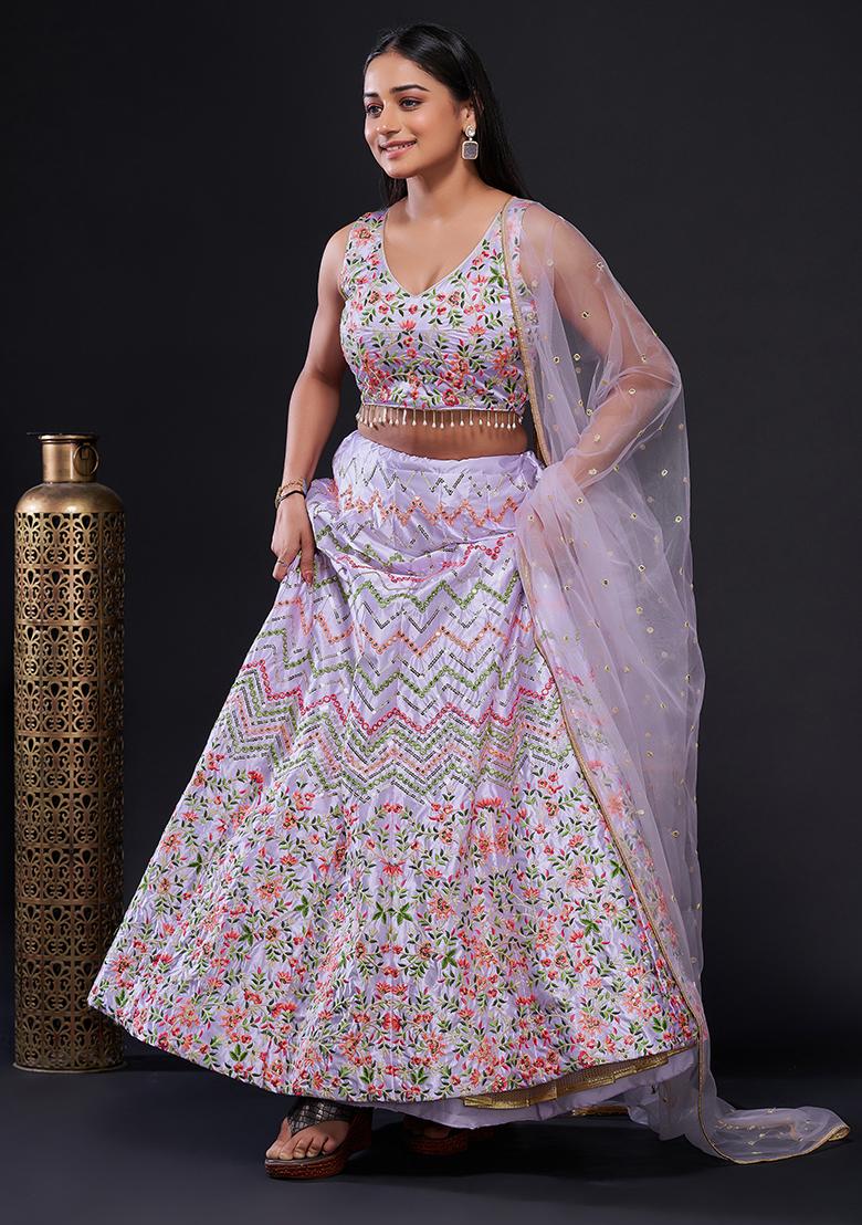 Lavender Embroidered Silk Lehenga Set - Indya