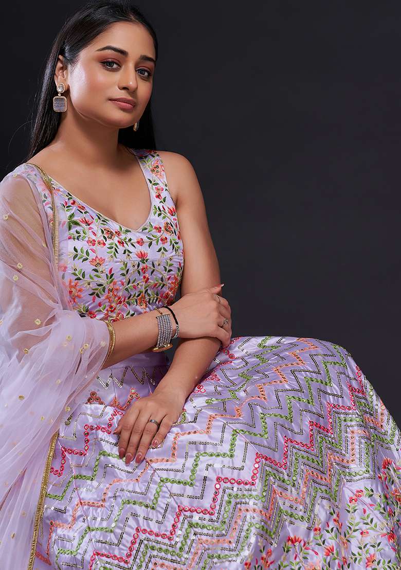 Lavender Silk Blend Lehenga Set with Embroidered for Diwali | Wedding & Festive Wear - Indya