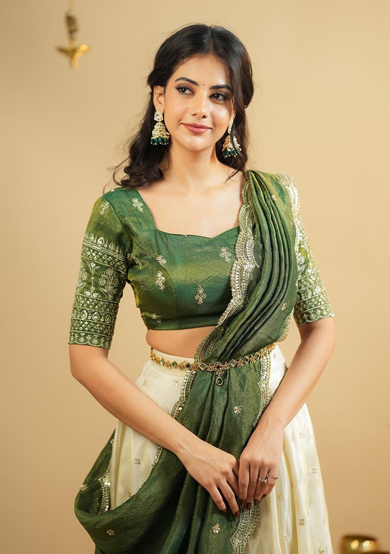 Green Embroidered Crepe Lehenga Set - Indya