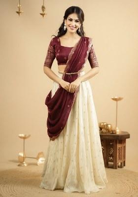 Maroon Embroidered Crepe Lehenga Set
