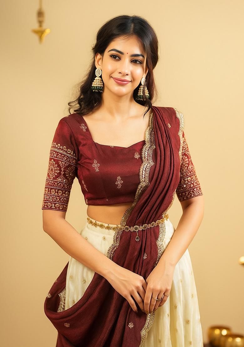 Maroon Embroidered Crepe Lehenga Set - Indya