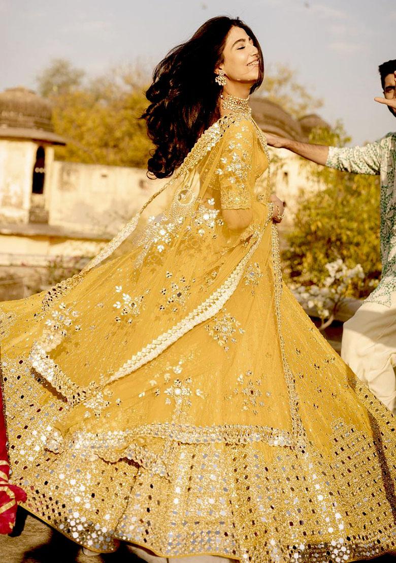Yellow Embroidered Georgette Lehenga Set - Indya