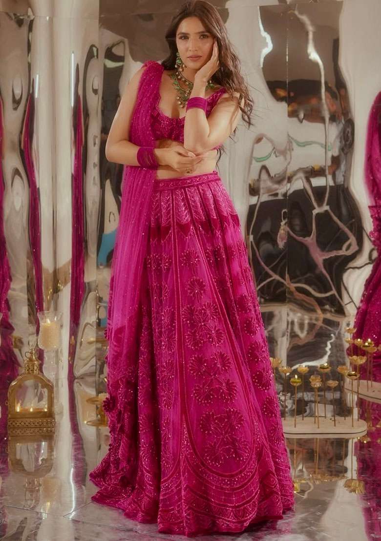 Pink Silk Blend Lehenga Set with Embroidered for Diwali | Wedding & Festive Wear - Indya