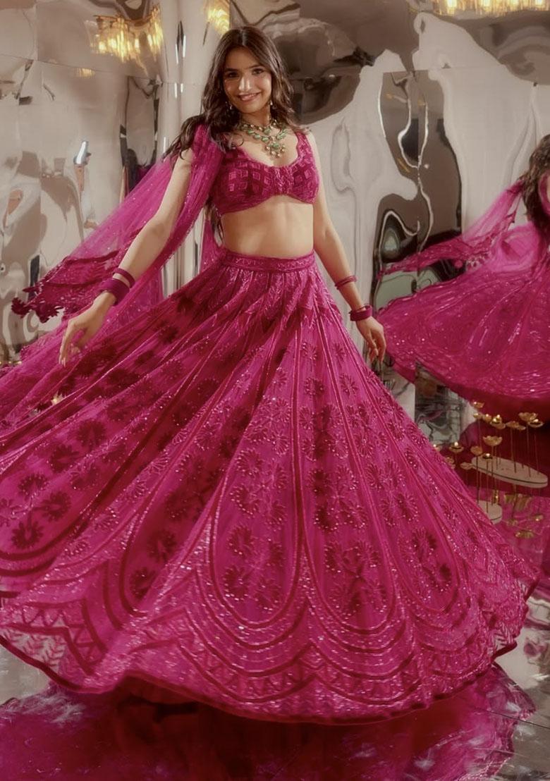 Pink Embroidered Silk Lehenga Set - Indya