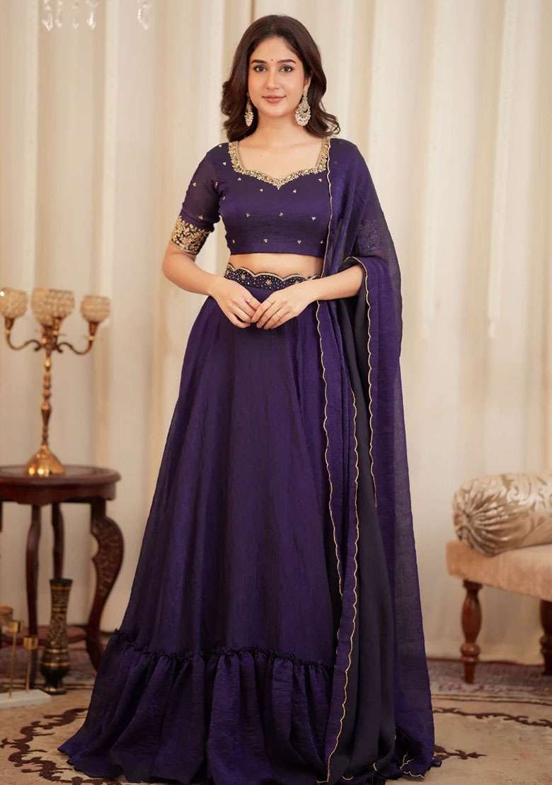Purple Silk Blend Lehenga Set with Embroidered for Diwali | Wedding & Festive Wear - Indya