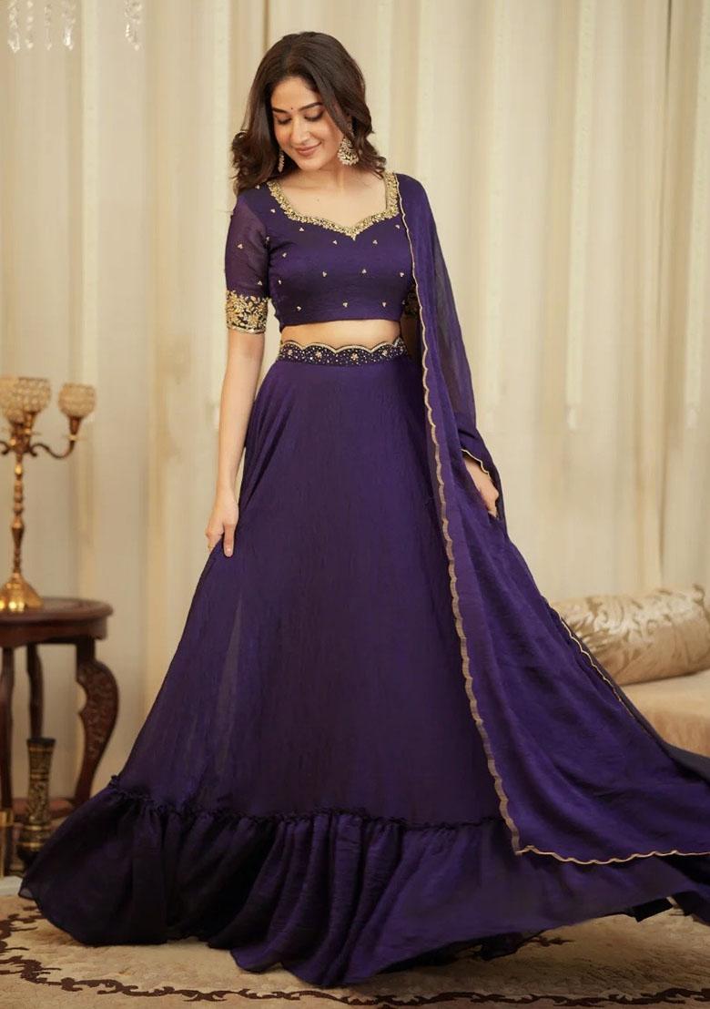 Purple Embroidered Silk Lehenga Set - Indya
