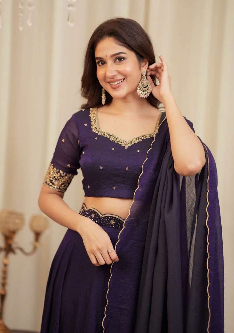 Purple Silk Blend Lehenga Set with Embroidered for Diwali | Wedding & Festive Wear - Indya