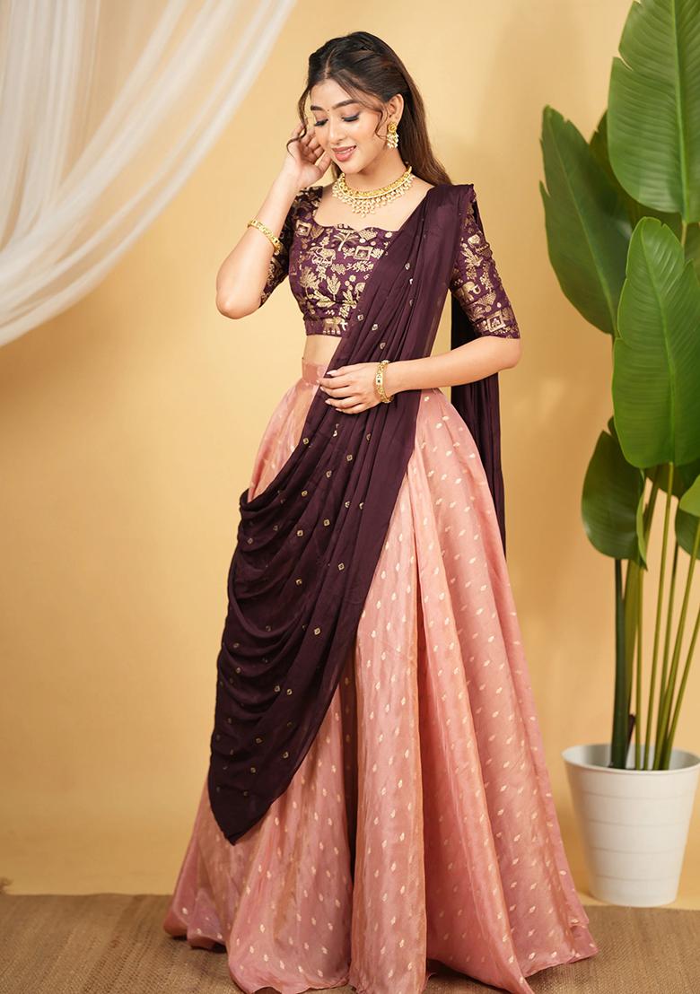 Peach Embroidered Silk Lehenga Set - Indya