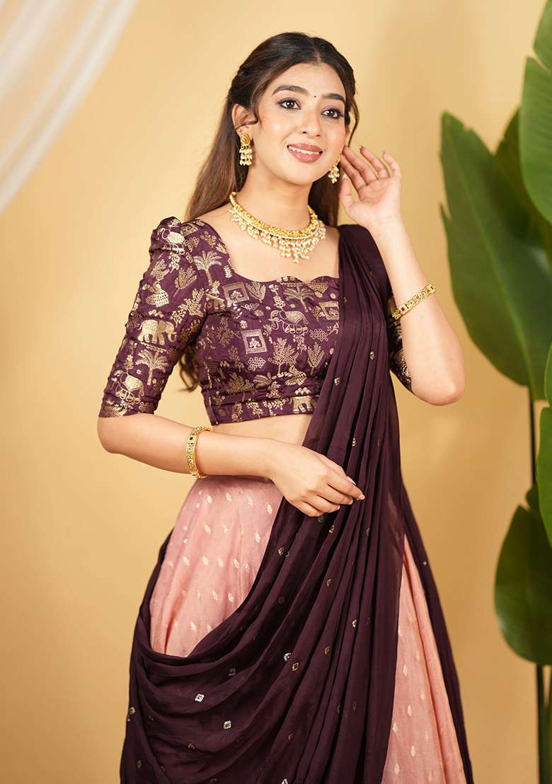 Peach Silk Blend Lehenga Set with Embroidered for Diwali | Wedding & Festive Wear - Indya
