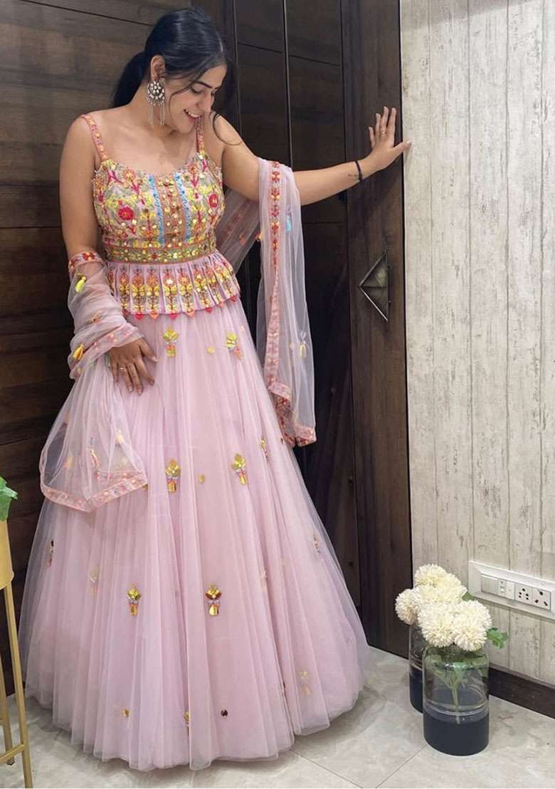 Baby Pink Embroidered Net Lehenga Set for Diwali and Festive Wear - Indya