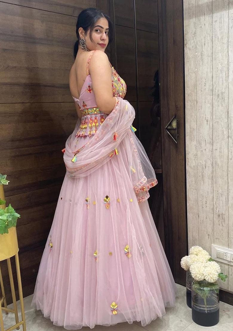 Baby Pink Embroidered Net Lehenga Set - Indya