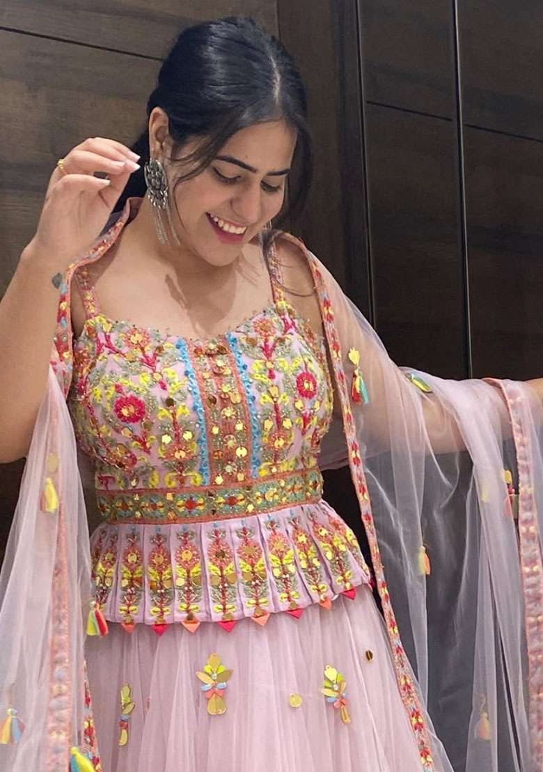 Baby Pink Embroidered Net Lehenga Set for Diwali and Festive Wear - Indya